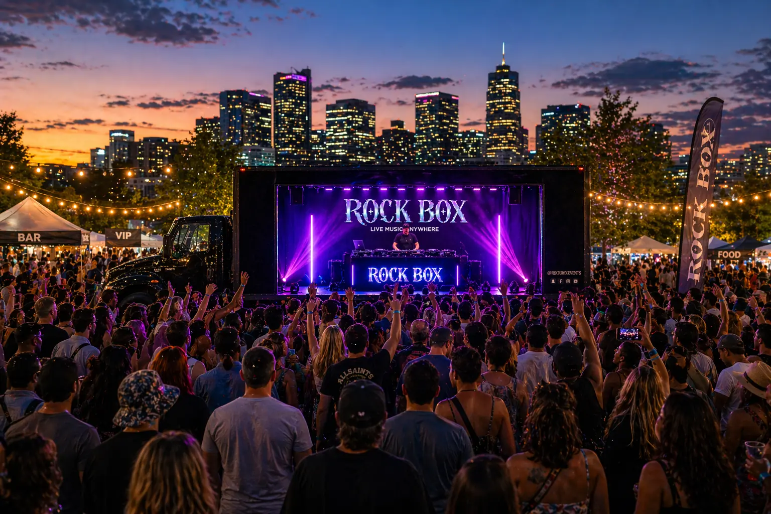 DJ on Rock Box in front of a city skyline